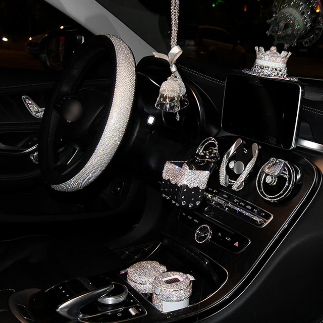 Red Rhinestone Car Interior Accessories For Women Diamond Steering Wheel  Cover Crystal Car Mount Holder Keychain Tissue Box Deco - Steering Covers -  AliExpress