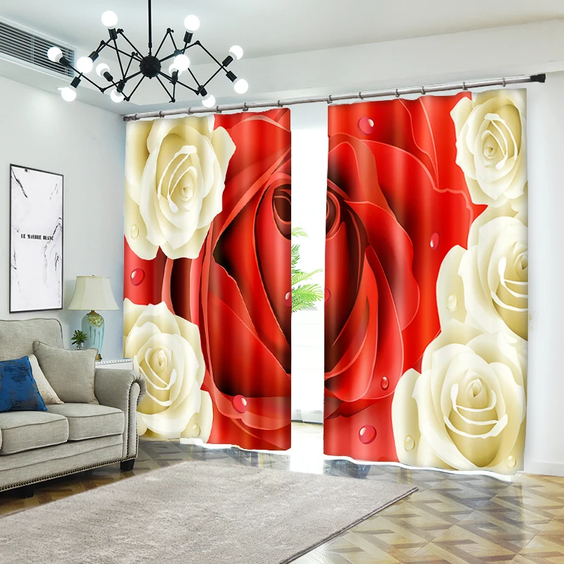 

Creative Red And White Rose Bedroom Living Room Kitchen Home Textile Luxury Window Curtain 3D Sunshade Curtain Customize Size