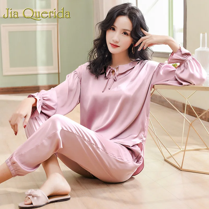 

J&Q Satin Silk Women Pajamas Set 2019 Spring Ruffle Cuff Princess Style Home Clothing Solid Long Pants 2 Pcs Luxury Sexy Clothes