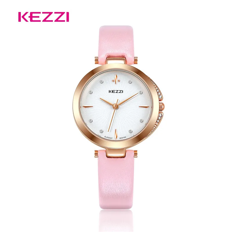 

KEZZI Women's Watches Diamond Rhinestone Leather Strap Ladies Watch Hot 2018 New Style Quartz Watch Pink Montre Femme K-1952
