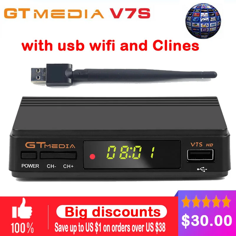 

1 year 7 clines for europe GTmedia V7S HD DVB-S2 Satellite Receiver 1080P HD Receptor+USB WIFI Support PowerVu YouTube Biss key