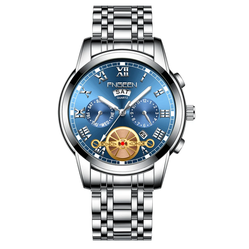 Мужские часы водонепроницаемые кварцевые бизнес мужские s часы лучший бренд класса люкс мужские часы Дата Неделя дисплей повседневные военные спортивные наручные часы - Color: Steel Silver Blue