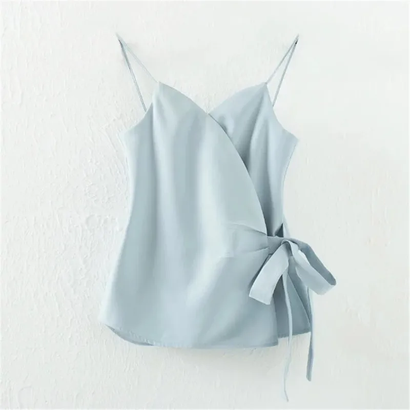

2019 European Fashion Solid Sleeveless T Shirt Women Sexy Spaghetti Strap T Shirts Lace Up Bow T-Shirt Newest Short Tops 64692