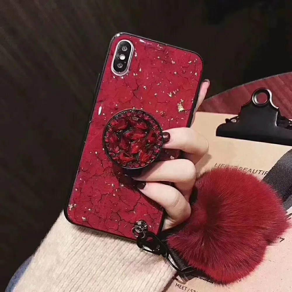 

for iPhone hair ball case For Samsung S8 S9 Plus NOTE8 NOTE9 Case Luxury Gold Foil Marble Glitter Bracket+Fur ball+Lanyard Cover