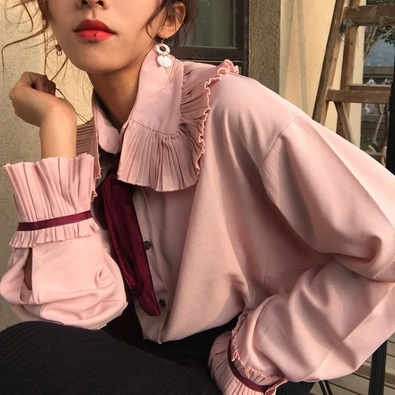 

QoerliN Bowtie Blouse Women Pleated Elegant Shirts Female Long Sleeve Spring Autumn New Tops Work Wear Shirts Ladies Pink Blouse