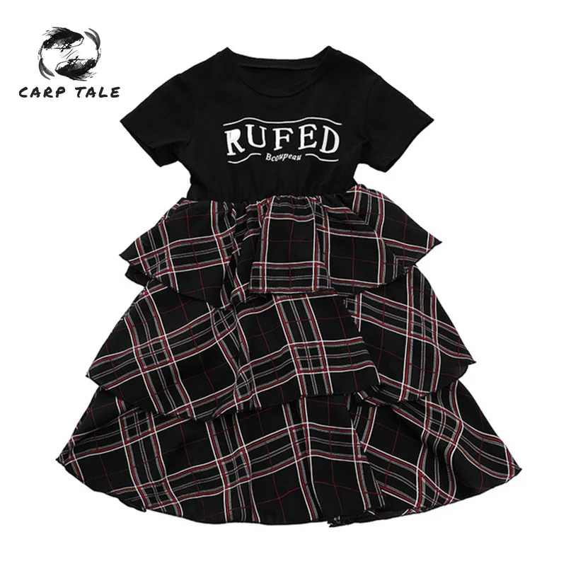 

Girls summer dress 2019 irregular plaid stripes fashion children's clothing printed letter princess pleated girl dresses