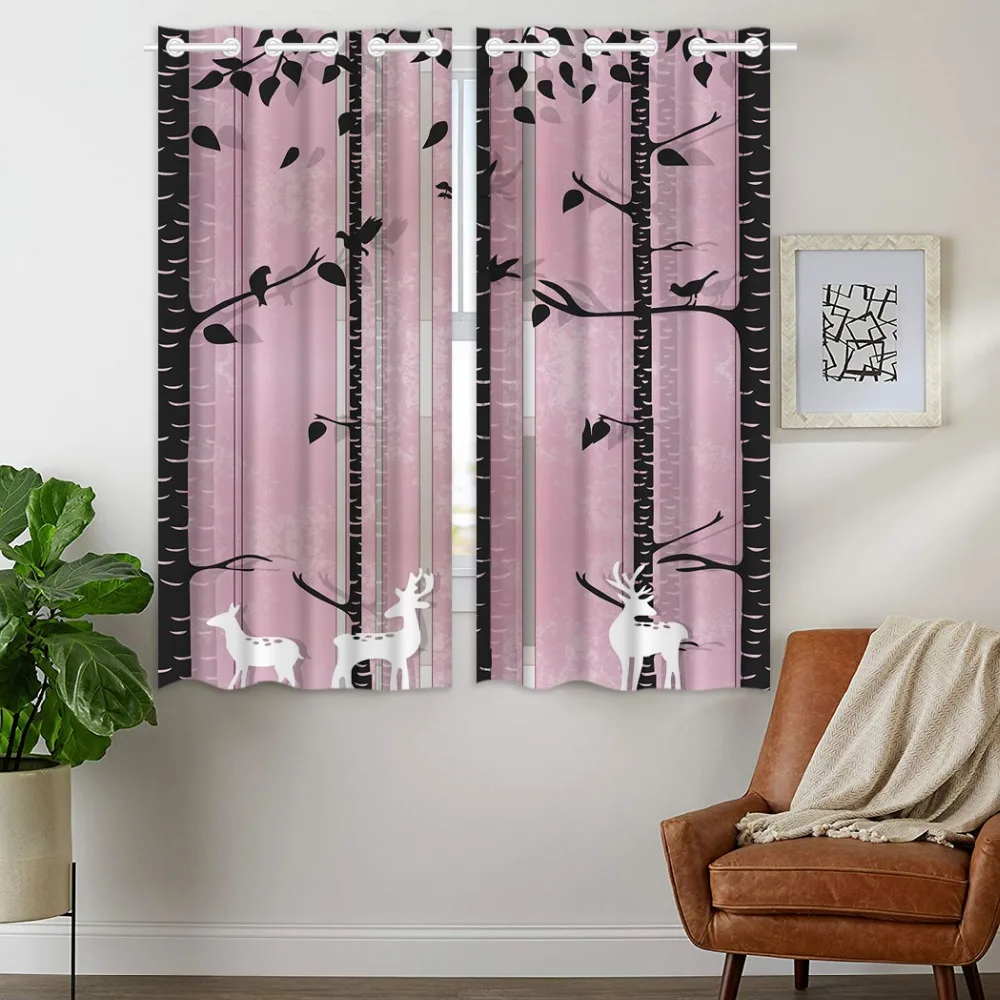 

HommomH Curtains (2 Panel) Grommet Top Darkening Blackout Room Elk Forest Pink Minimalist Style