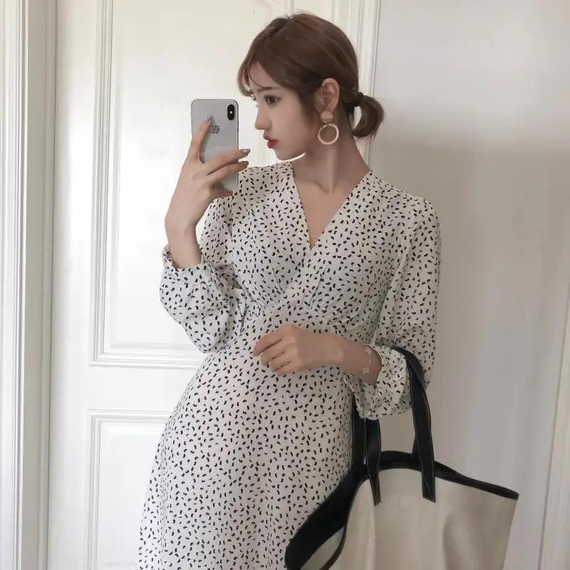 retro dress hot women slim waist A Line Elegant Temperament Lady Korean style vintage dot v neck vintage shirt dress high waist