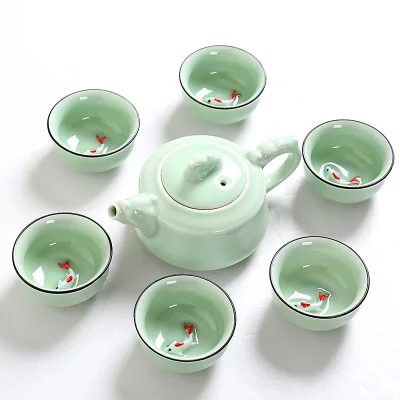 Longquan Celadon керамический чайный сервиз, рыбная чашка, чайный набор кунг-фу, чайник, Gaiwan, супница, чайная чашка - Цвет: 7pcs set B