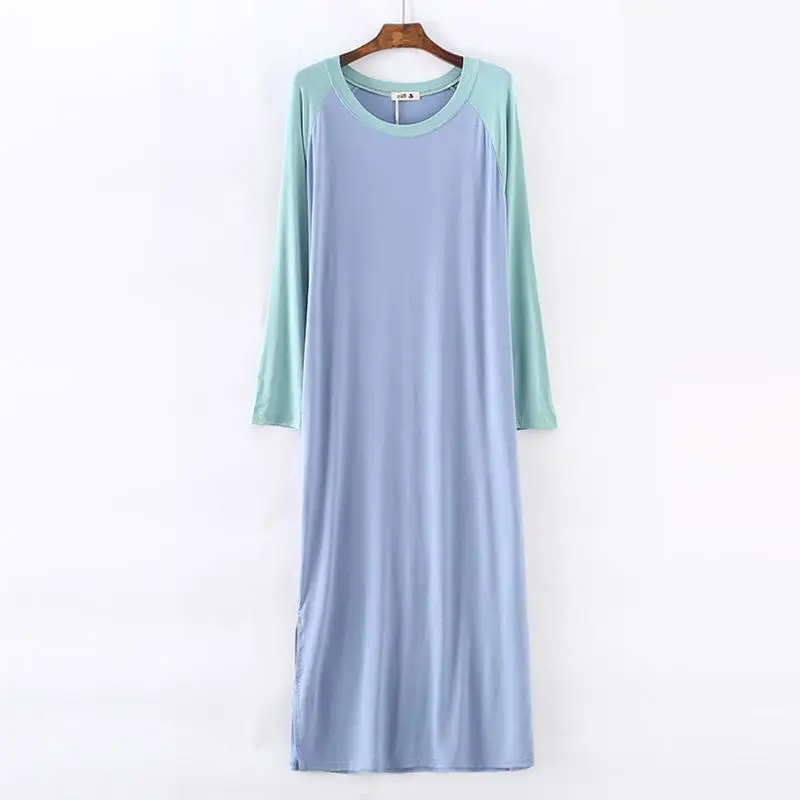 Летняя Модальная женская ночная рубашка с длинным рукавос Ночная рубашка свободная Пижама Новинка ночное белье домашнее платье интимное нижнее белье Неглиже - Цвет: Blue Green