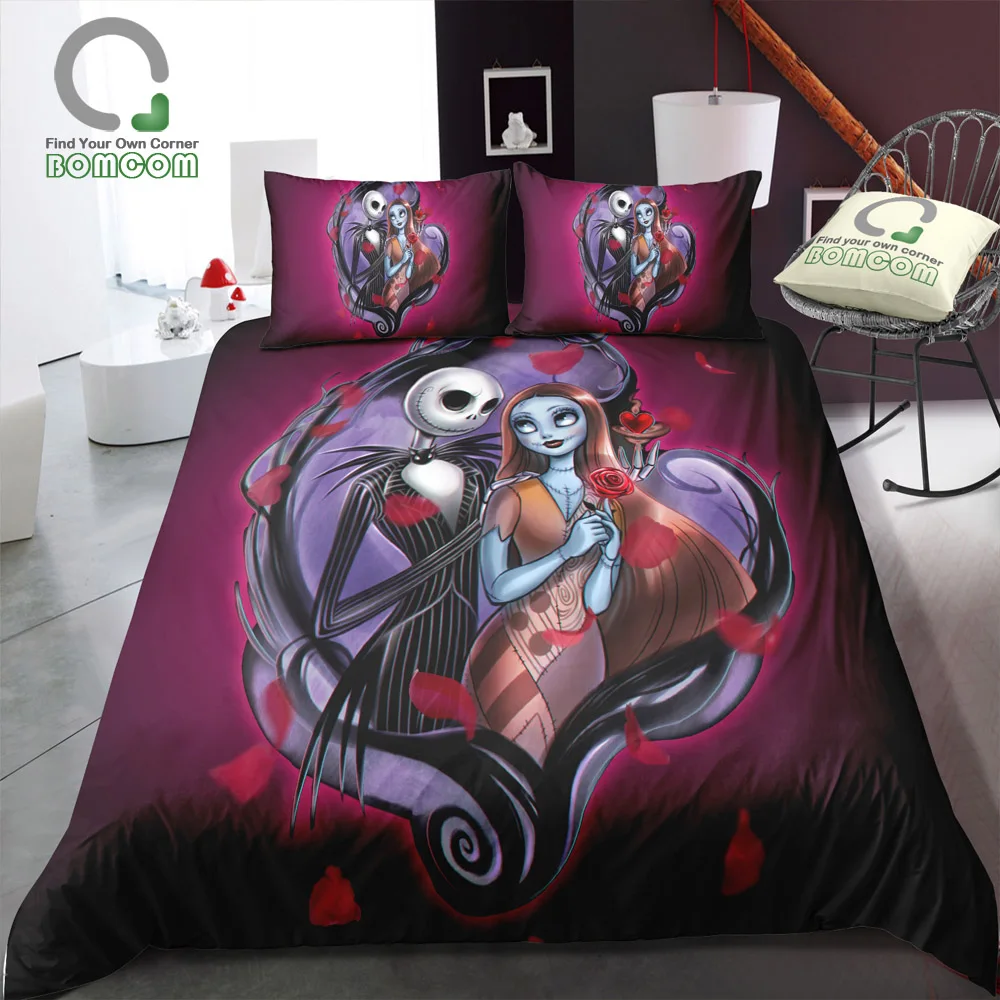 

BOMCOM 3D Digital Printing Duvet Cover Set Jack and Sally the Nightmare Before Christmas Purple Bedding Set 100% Microfiber