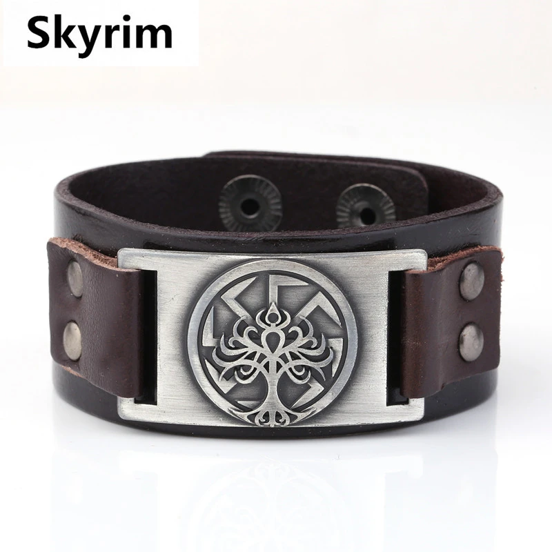 

Skyrim Punk Wristband Leather Bracelet Colorful Slavic Tree of Life Connector Charm Pendnat Adjustable Button Bangle Man Gift