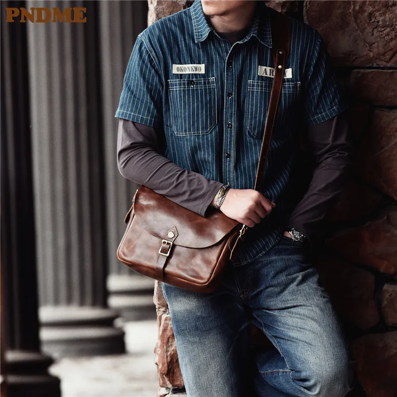 

PNDME retro original genuine leather men's shoulder bag dropshipping first layer cowhide postman package crossbody bags