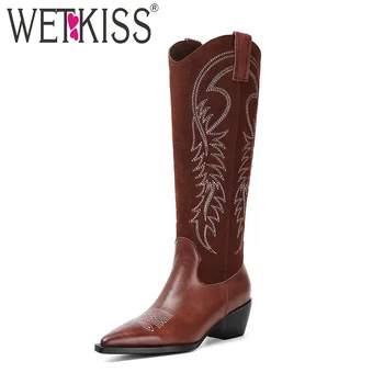 

WETKISS High Heels Western Boots Women Knee High Boots Pointed Toe Cow Leather Shoes Female Embroider Cowboy Shoes Ladies Autumn