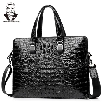 

Crocodile Pattern Double Layers Briefcase Men's Cow Leather Business Handbag Laptop Bag Male Shoulder Crossbody Bag Travel Bag