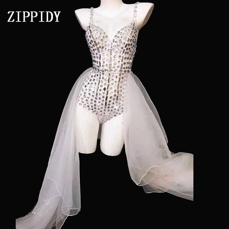 

Fashion Performance White Crystals Outfit Female Singer Mesh Train Costume Sexy Rhinestones Bodysuit Jazz Dance Wear