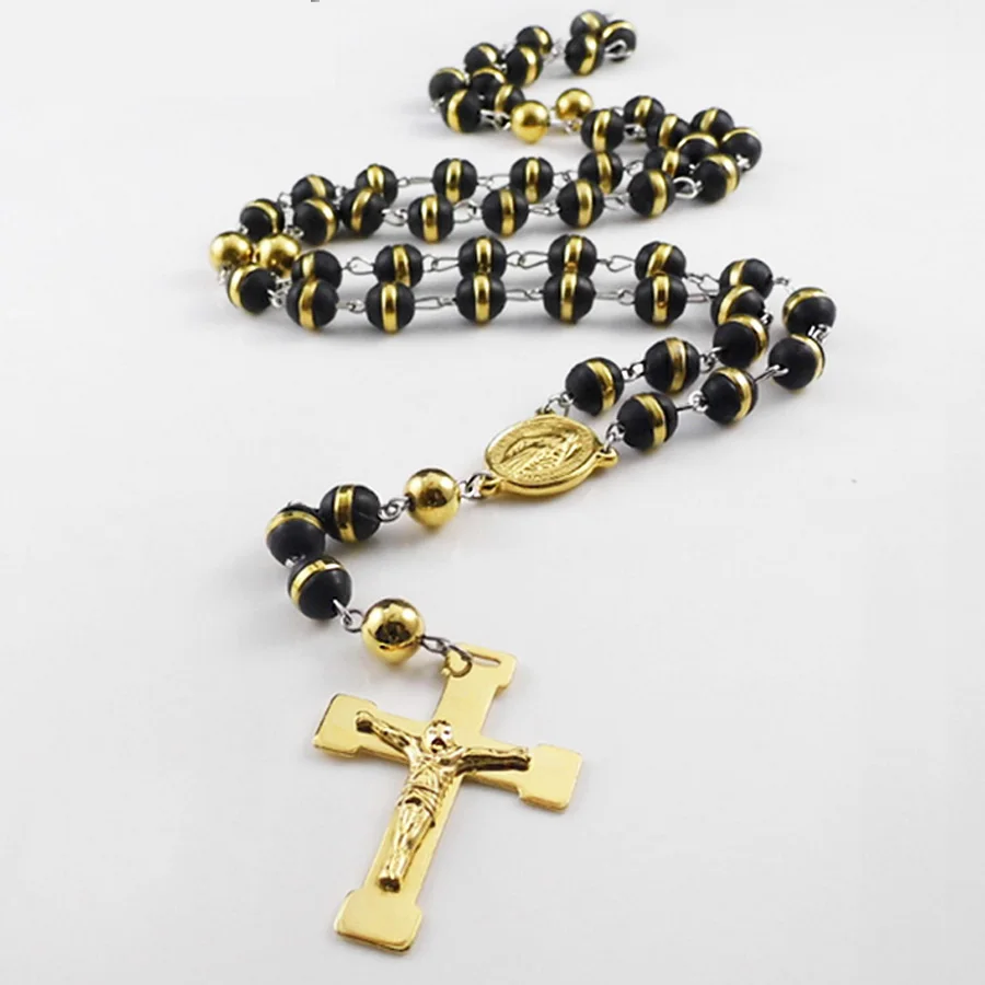 

Classic Men's Necklaces Jesus Cross Pendant Rosary Jewelry Gold Color Stainless Steel Beads Strand Mary Necklace For Women