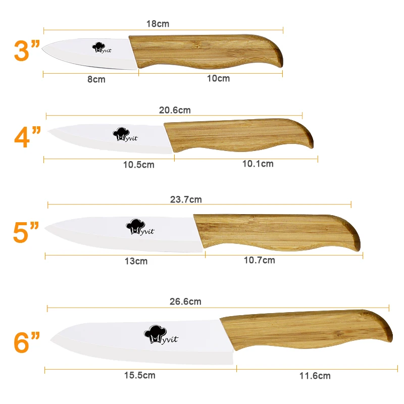 Набор керамических ножей " 4" " 6" дюймов, кухонные ножи с бамбуковой ручкой и белым лезвием, набор кухонных ножей, 4 кухонных ножа+ крышка