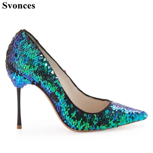 Turquoise Woman Shoes Spring Blue Glitter Sequin Pointed Toe Las Turquoise Woman Shoes Spring Blue Glitter Sequin Pointed Toe Las Pumps Y 10cm High Heels