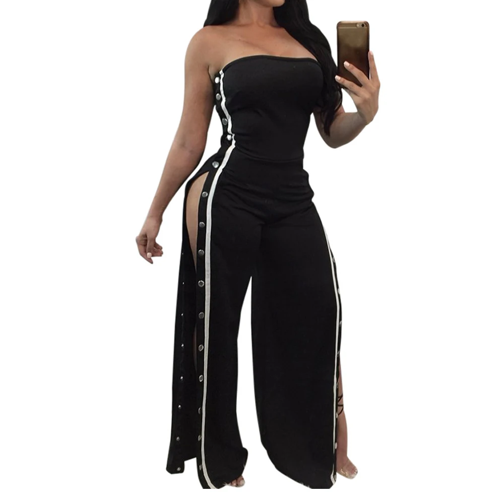 Sexy Strapless Jumpsuits Wide Leg Pant Side Striped Full Bodysuit