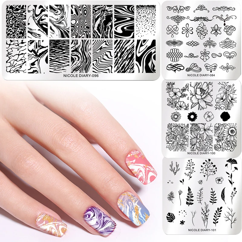 

NICOLE DIARY Rectangle Nail Stamping Plates Flowers Lotus leaf Image Stainless Steel Nail Art Templates Stencil DIY Design