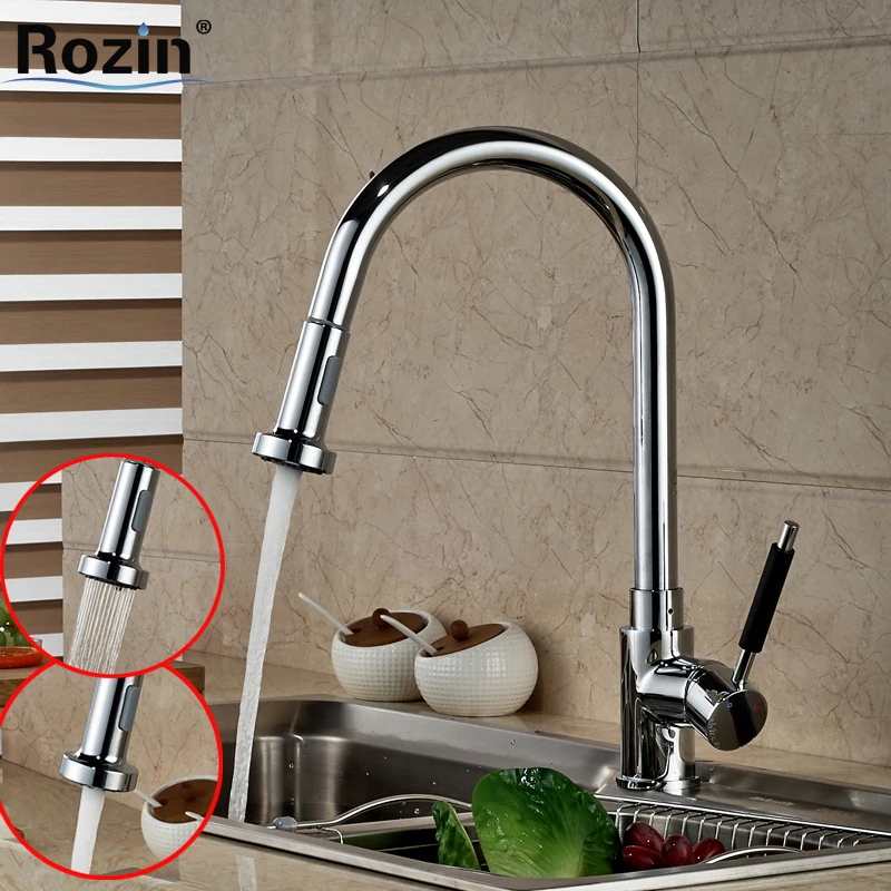 ФОТО Chrome Finish Kitchen Pull Out Spryaer Head Mixer Taps Single Lever Brass Deck Mounted Kitchen Water Taps
