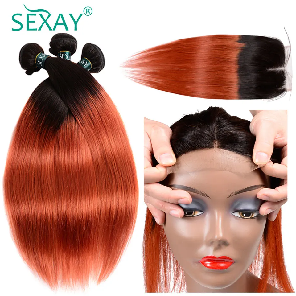 

Sexay 1b/350 Orange Human Hair 4 Bundles With Closure Golden Blonde Brazilian Straight Weave Ombre Hair Bundles With Closure