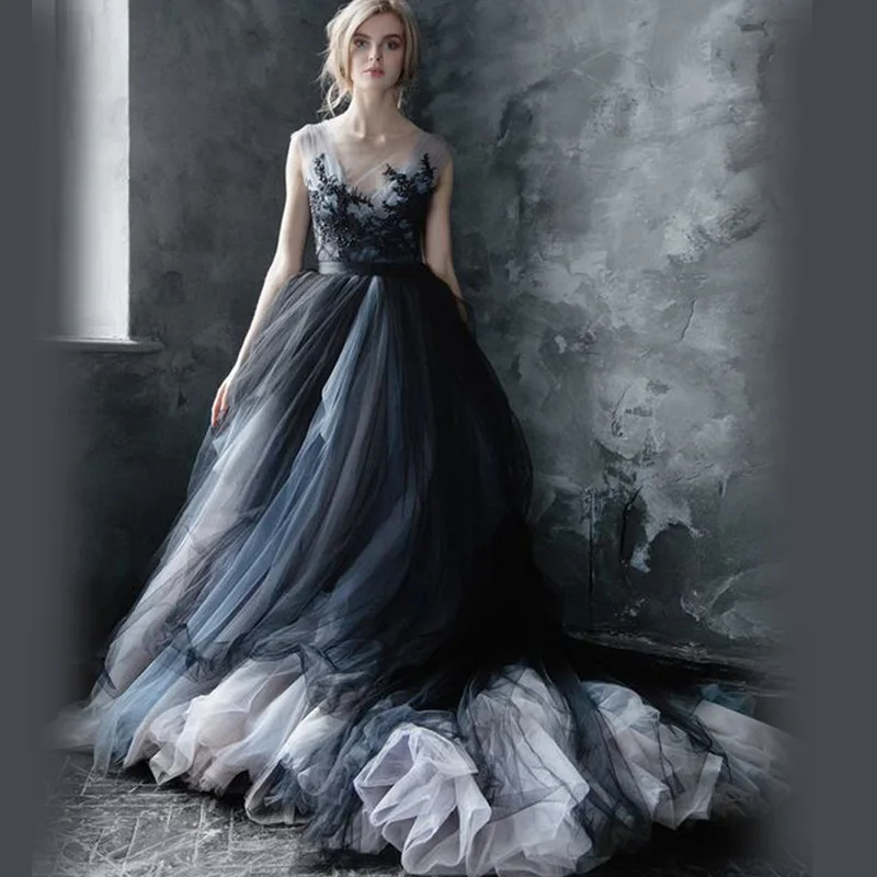 Серое платье формальное Abendkleid Длинное Элегантное платье из тюля Avondjurk Vestido de noche Appliques Robe de soiee Пышное Платье - Цвет: picture color