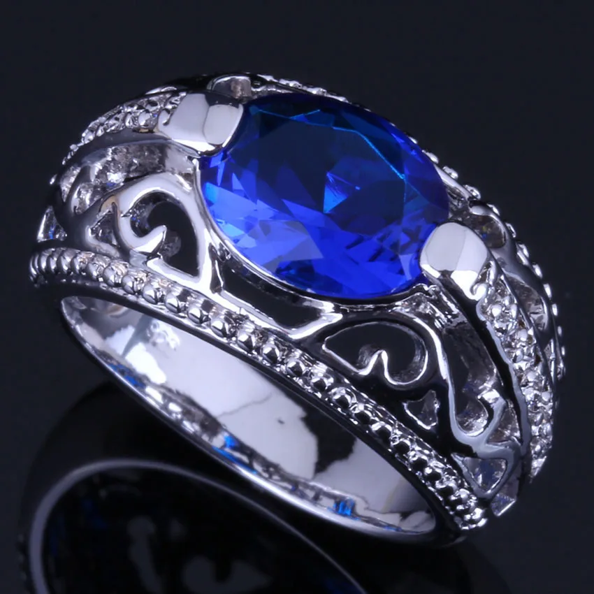 

Rare Oval Blue Cubic Zirconia White CZ Silver Plated Ring V0648