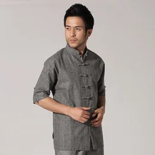 Серый китайский мужская хлопковая рубашка в стиле кунг-фу Тай чи рубашка Повседневное короткий рукав летние топы M L XL XXL XXXL MN058