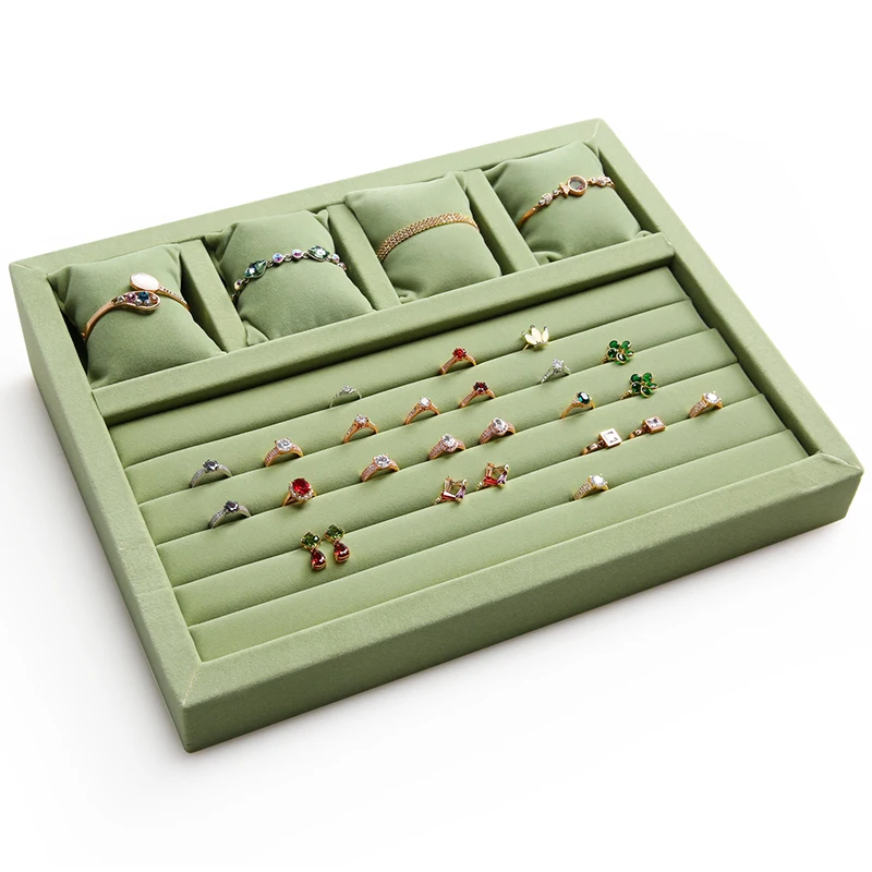 

New arrivals green color velvet pillow ring trays 5 lines ring earring 4 pillows bracelet jewelry display trays racks GD2292