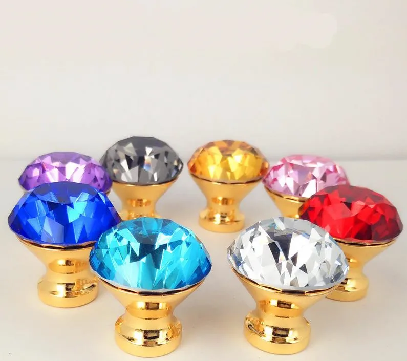 

LCH 25mm 30mm 40mm Modern Style Colored Diamond Crystal Knobs Cupboard Handles Door Pull Gold Finish Gold base