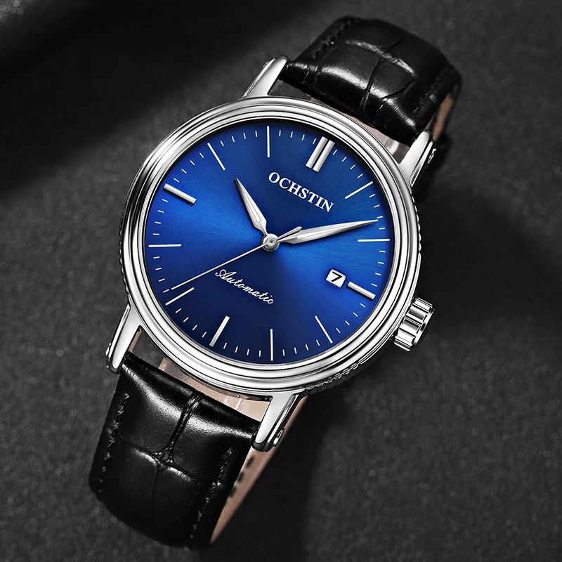 الفاخرة أعلى العلامة التجارية جلد الرجال الميكانيكية ووتش الجوف الهيكل العظمي التلقائي أزياء ووتش الذكور ساعة مضيئة تاريخ ساعة يد رياضية