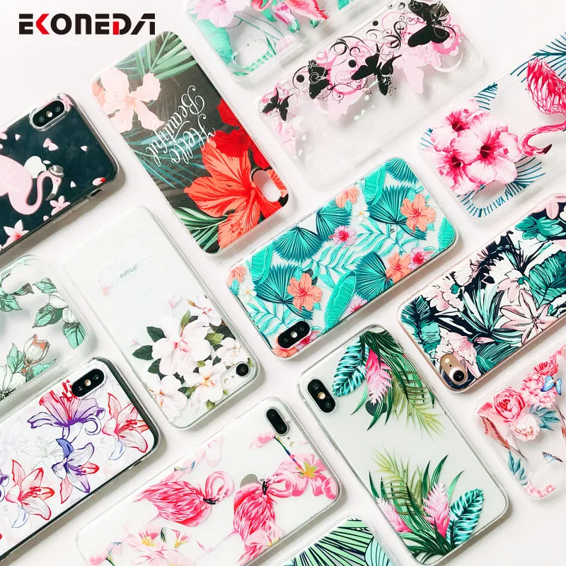 EKONEDA Patterned Flamingo Leaves Floral Case For iPhone 7 Case Silicone For iPhone 8 7 Plus 6 6S X XS Max XR Case Soft Cover