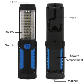 

Fold able Super Bright 36+5 LED Hand Torch Work Light Magnetic Hanging Hook Inspection Lamp Flashlight Torch Battery Powered