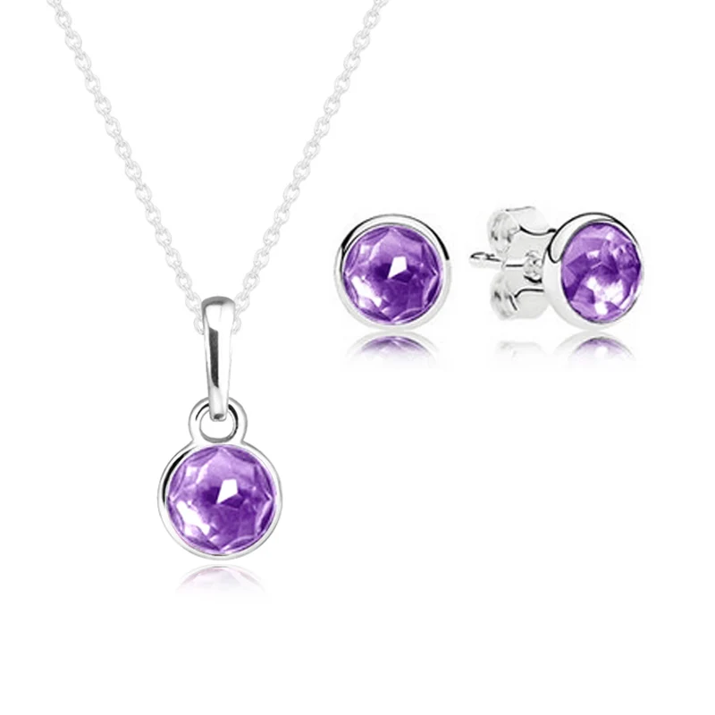 

February Droplet Purple Crystal Necklace Stud Earrings Jewelry Set 100% 925 Sterling Silver for Women Gift Fine Jewelry PFS5062