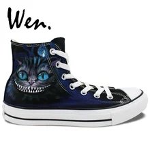 Вэнь мужская женская обувь с ручной росписью дизайн пользовательские Чеширский кот высокие холщовые кроссовки граффити живопись плимсоллы