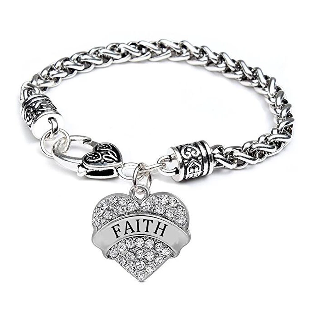 Heart Charm Bracelet Words FAITH Crystal Paved Heart Charm Silver