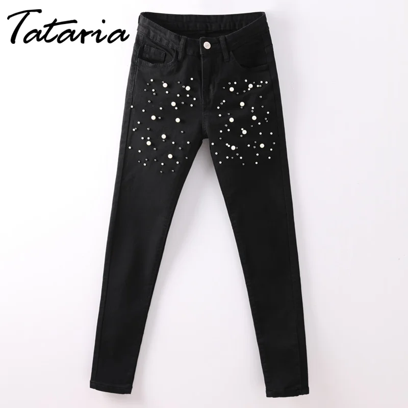 Vaqueros con perlas y Perla de imitación para mujer, pantalones vaqueros negros con cuentas para mujer, Vaqueros ajustados con bolsillo informal, pantalones vaqueros para mujer, TATARIA AliExpress