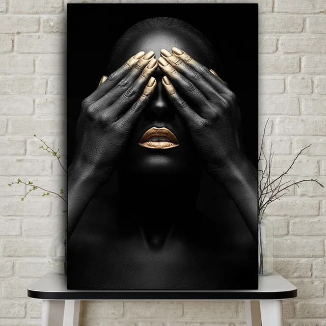 Pintura al óleo de labios dorados y negros para mujer pintura al óleo sobre lienzo, carteles e impresiones de pared africana, cuadro artístico para sala de estar Pintura al óleo de labios dorados y negros para mujer pintura al óleo sobre lienzo, carteles e impresiones de pared africana, cuadro artístico para sala de estar