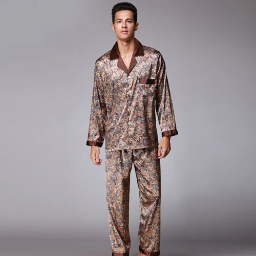SSH003 атласная шелковая мужская пижама высокого качества, Мужская Ночная рубашка, осенняя весенняя одежда для сна с длинными рукавами, штаны, пижамный комплект из 2 предметов - Цвет: Коричневый