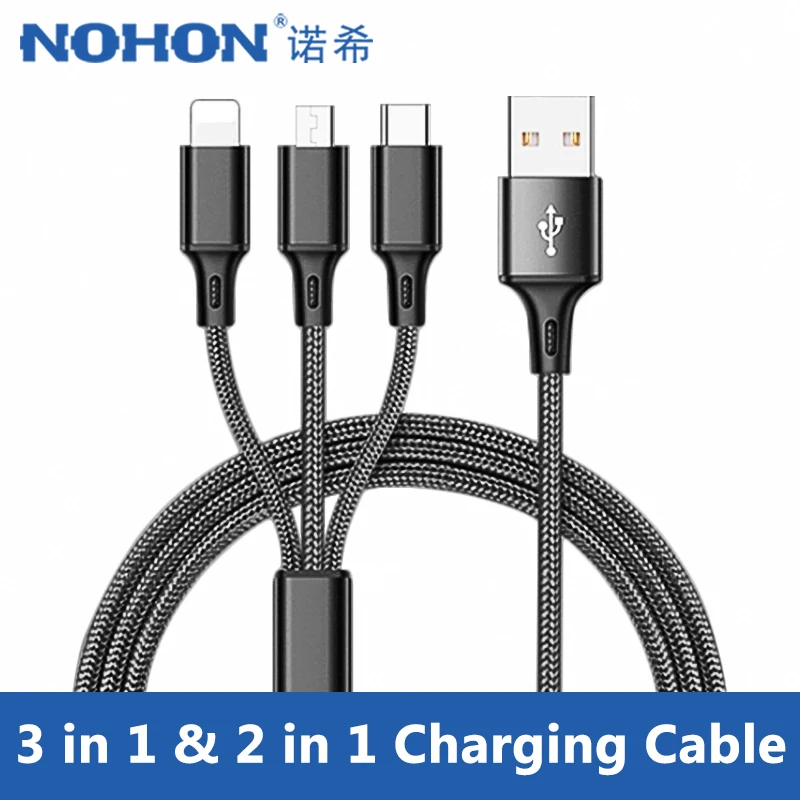 Beste NOHON Nylon 3 in 1 Micro USB Type C Charger Kabels Voor Samsung Xiaomi Verlichting Opladen Kabel 8 Pin voor iPhone 7 8 6 s Plus X XS