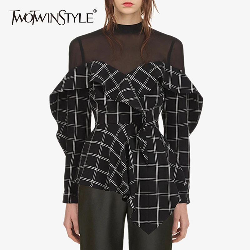 

TWOTWINSTYLE Chiffon Plaid Blouse Female Ruffles Patchwork Mesh Turtleneck Irregular Shirt Tops Women 2019 Autumn Casual Clothes