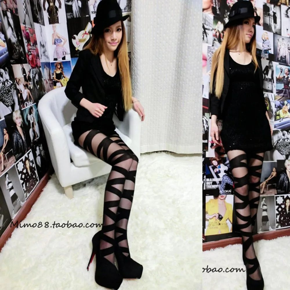 Women Sexy Ripped Cut-out Bandage Ultra-thin Tights Elastic Slim Jacquard Pantyhose Women Sexy Night Party Accessory