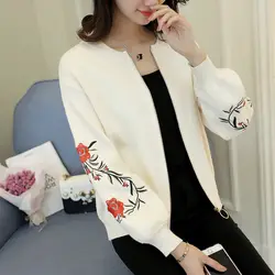 Новинка 2018 года весна и осень для женщин Корейская версия вышивка фонари рукава свободный Свитер Вязаный Кардиган Куртка