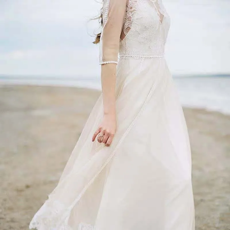 Vestido De Noiva элегантное пляжное свадебное платье в стиле бохо кружевное вечернее платье с фатиновой юбкой аппликации романтические Простые Свадебные платья