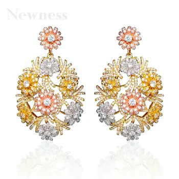 

Newness 50mm 3 Tone Delicate Flower Super AAA Cubic Zirconia Wedding Women Tassel Earring Fashion Jewelry