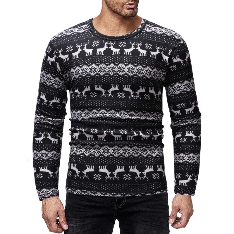 HEFLASHOR Classic Christmas Print Sweater Men Fashion O Neck Long Sleeve Pullover Men Casual Striped Pull Homme Knitted Sweaters - Цвет: Black