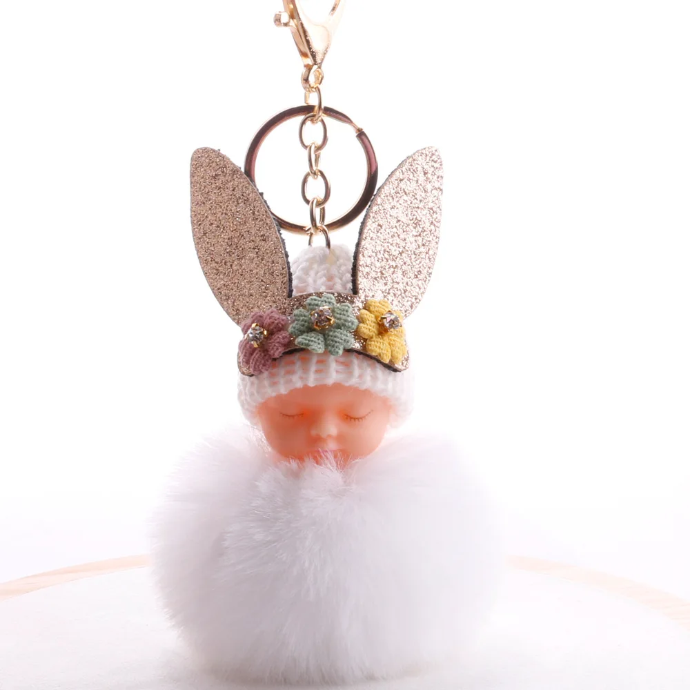 

Rabbit's head sleep doll hair-ball key-ring girl's bag plush toy hanging water-drill hair ball gitf