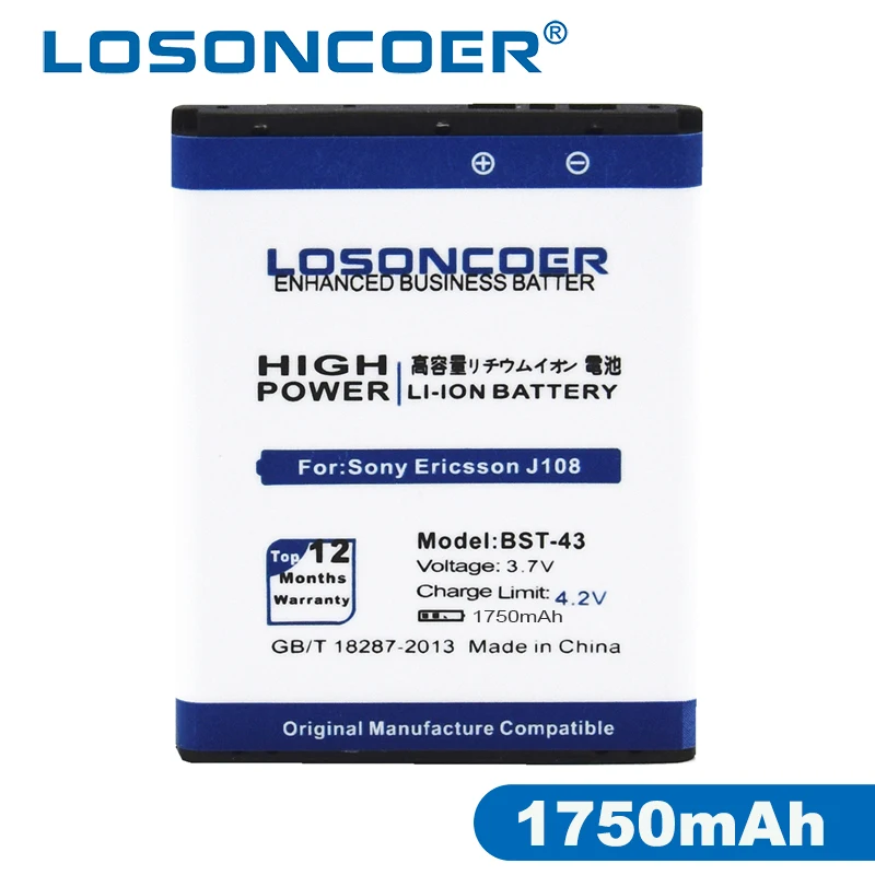 

LOSONCOER 1750mAh BST-43 BST 43 For Sony Ericsson WT13I Yari U100i J10 J20 J108i S001 CK13I S001 U100 High Quality Phone Battery